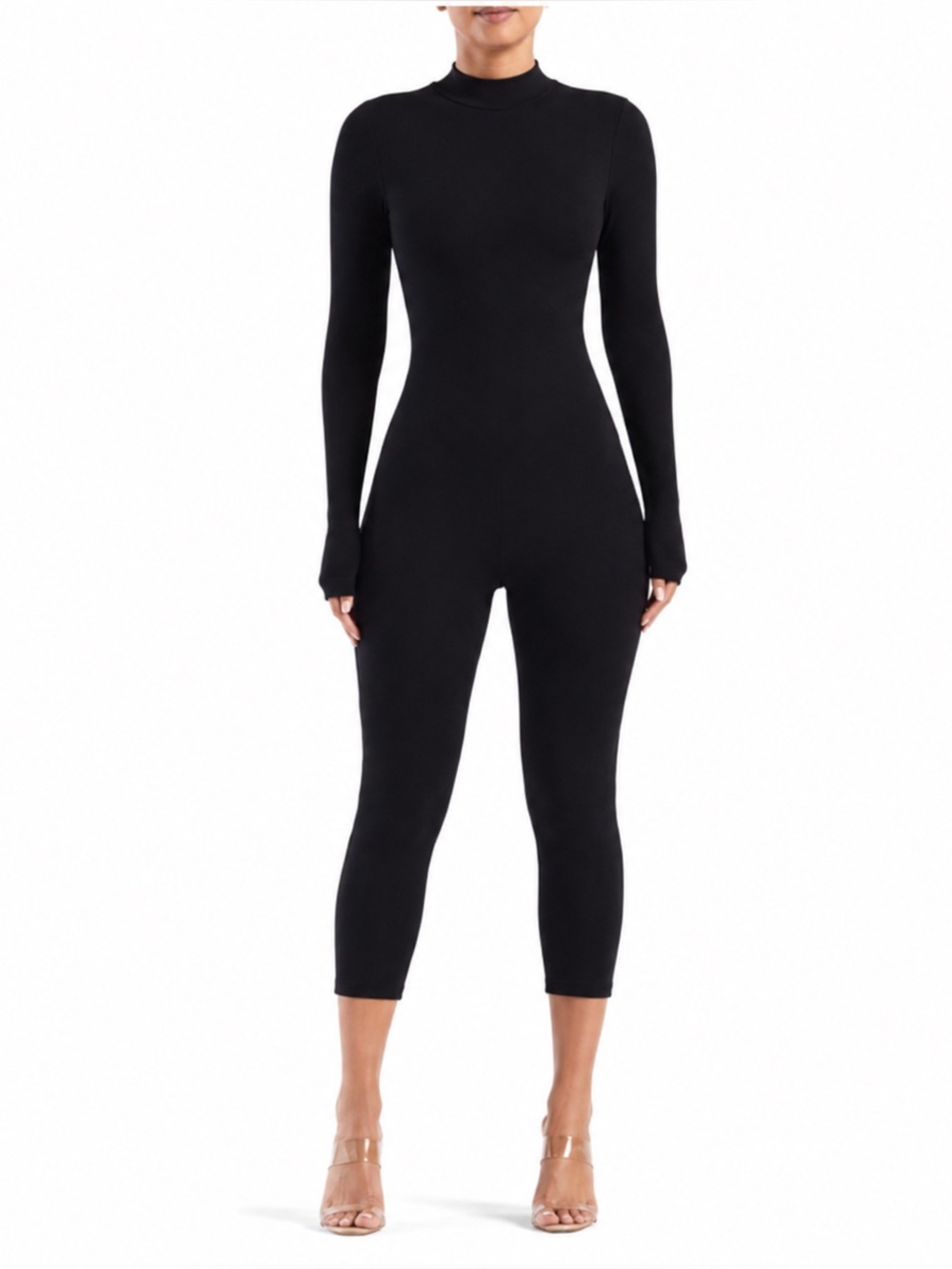 Naked Wardrobe Butter Long Sleeve Mid Calf Jumpsuit Black